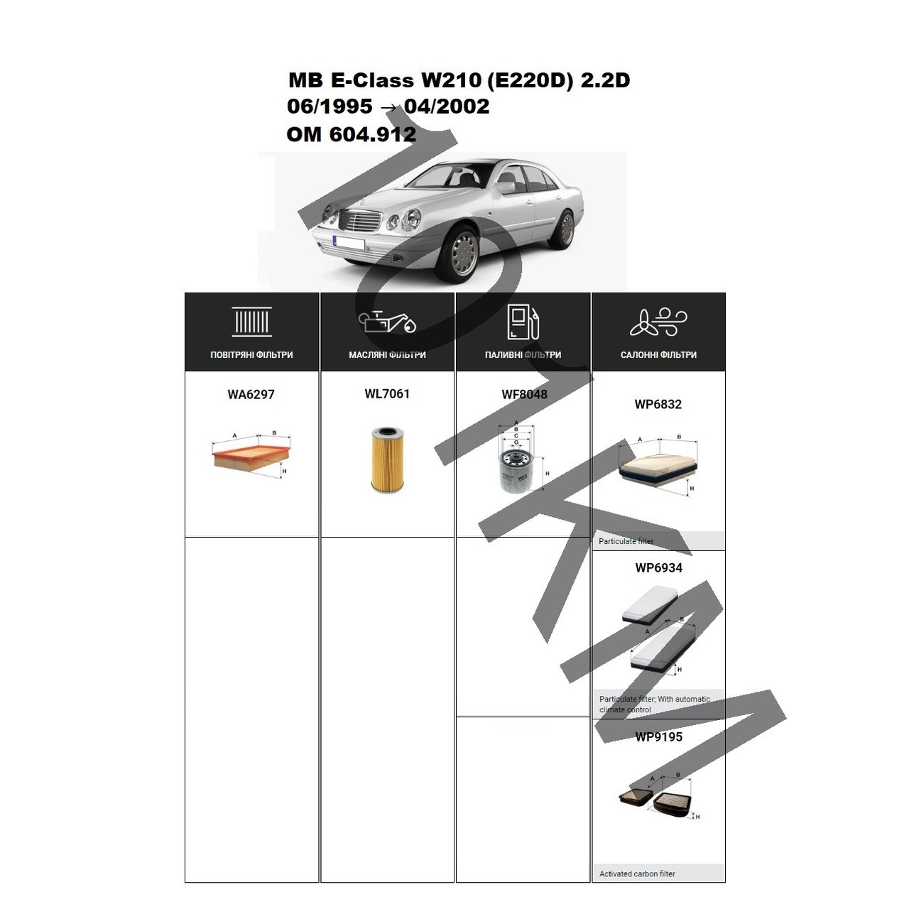 Комплект фільтрів MB E-Class (W210) E220D 2.2D (1995-2002) (OM604.912) WIX