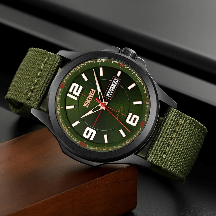 Чоловічий кварцовий годинник з датою на текстильному ремінці Skmei 9315AG Army Green