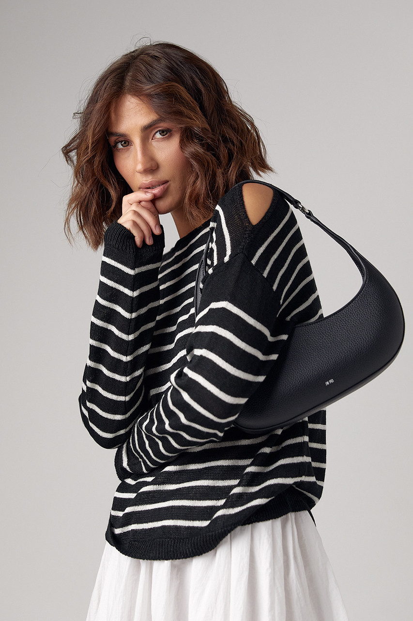 Жіночий смугастий лонгслів із розрізами на плечах - чорний цвет, ONE SIZE (є розміри), фото 1