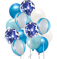 Повітряні кулі пастель мікс з конфетті набір Синій агат 14 шт 28 см Китай
