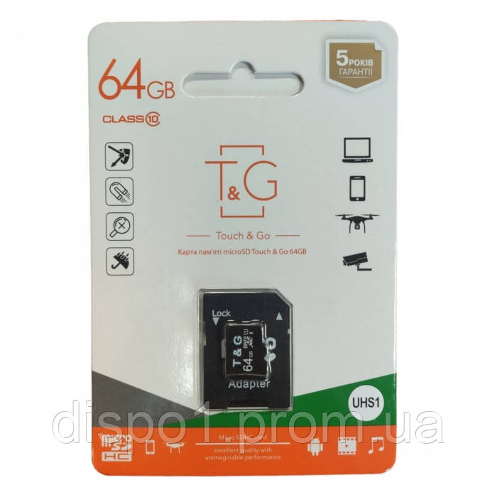 Карта памяти 64Гб MicroSDXC "T&G" флешка 64 гб с адаптером С10 UHS-3 ds ...