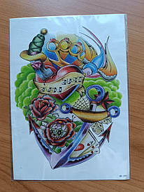 Флеш тату. 21*15 см, Тимчасова, перекладна, New School, Якір, Морська тематика, Карти, Кістки, HB-299 (S)