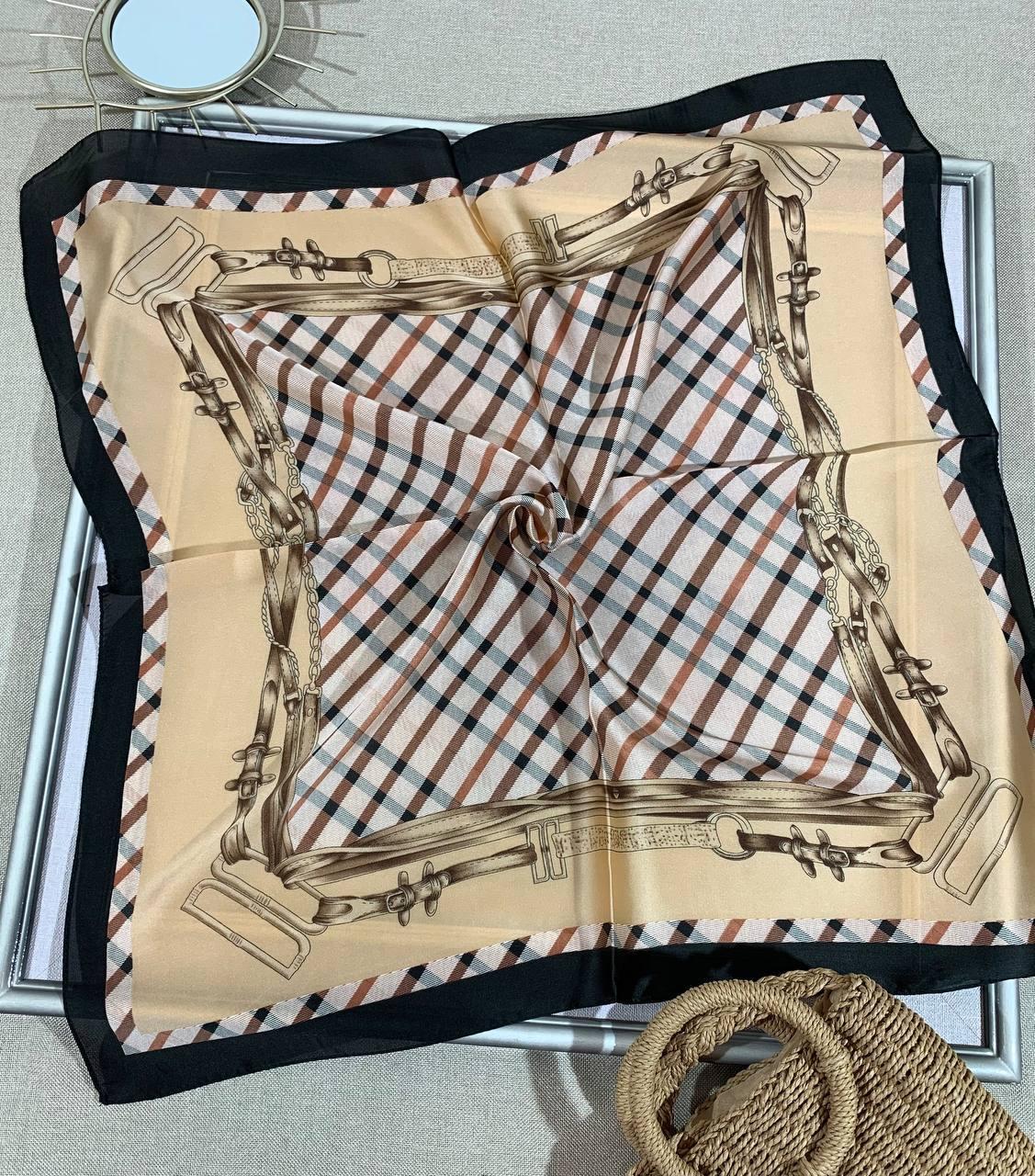 Шийна шовкова хустка Барбара клітина 70*70 см бежева