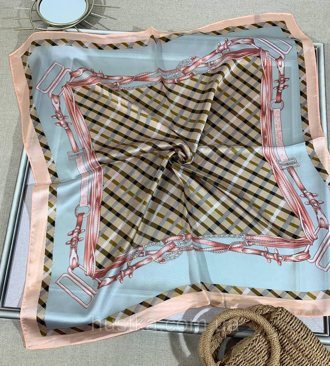 Шийна шовкова хустка Барбара клітина 70*70 см блакитна