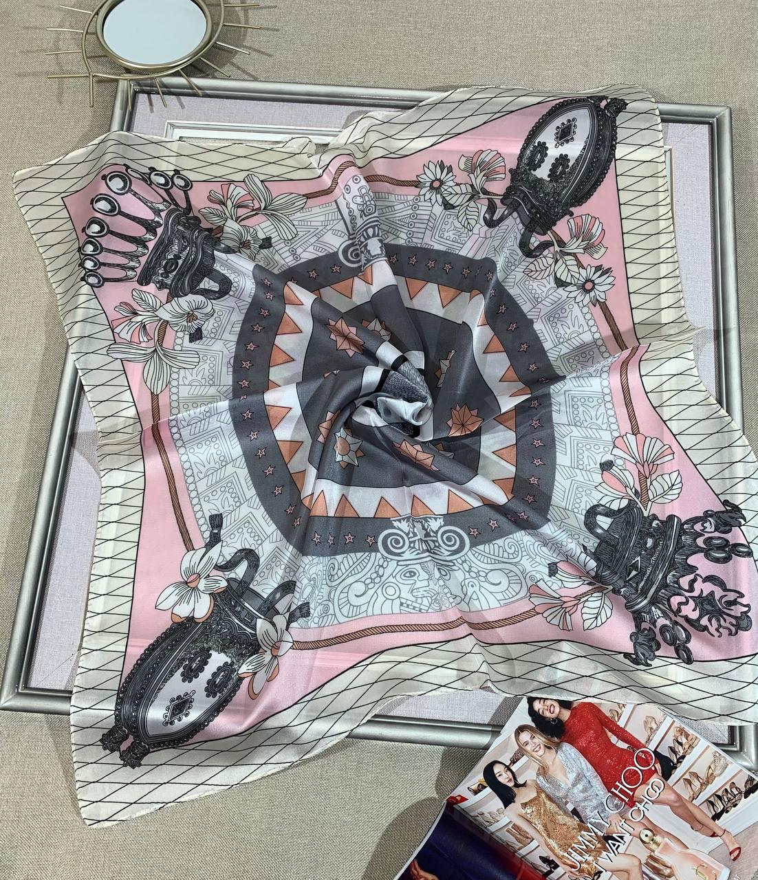 Шийна шовкова хустка Барбара 70*70 см рожевий/сірий