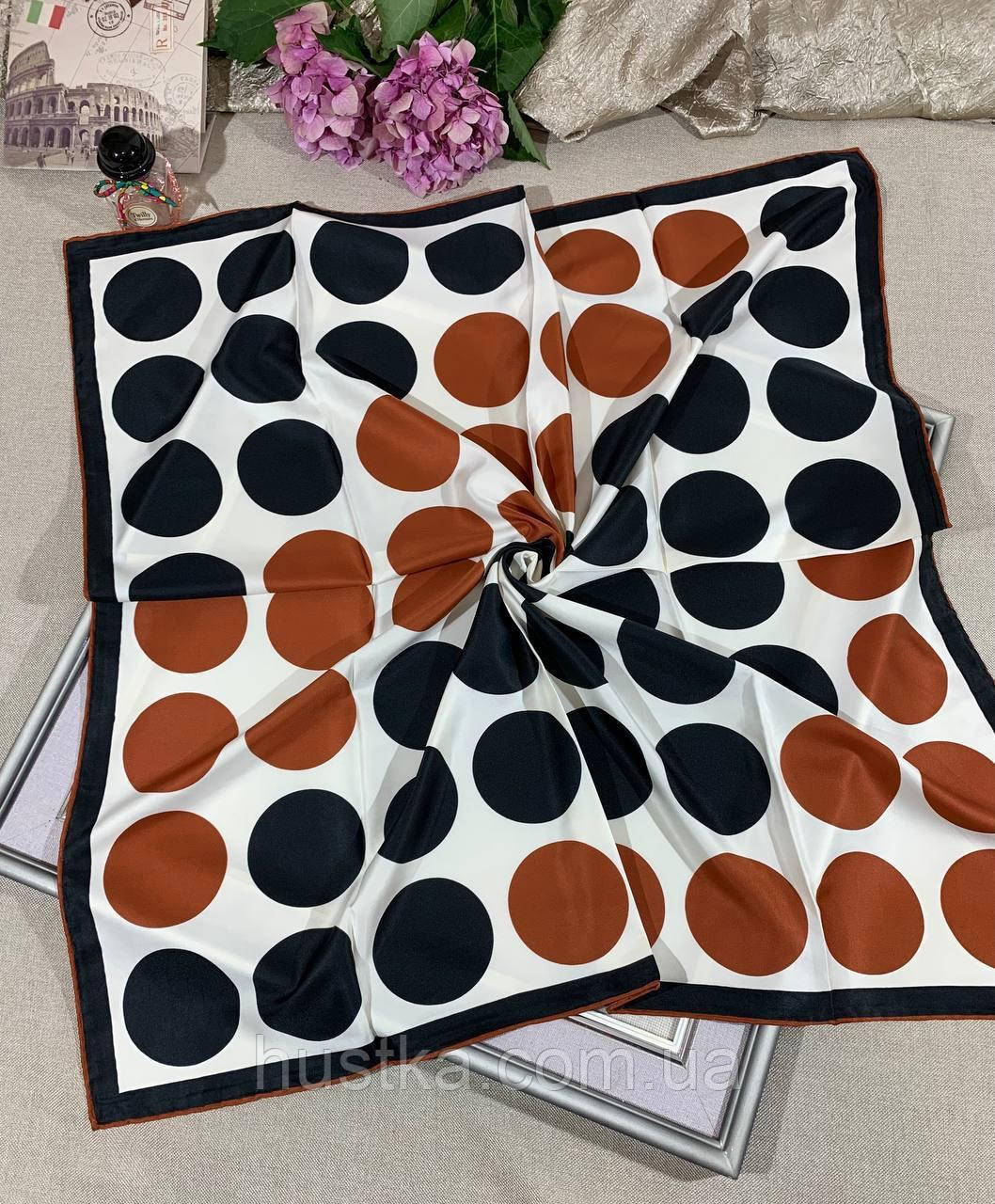 Шовкова хустка Горох великий 90*90 см чорний/теракотовий ручна обробка краю