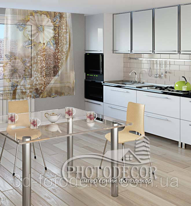 Фото Тюль для кухні "Стрази та квіти", висота - 1,30м, ширина - 1,50м (1 полотно), тасьма