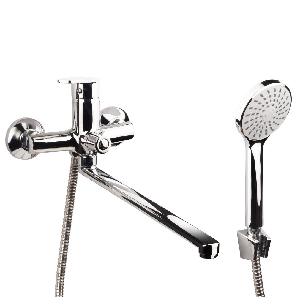 Змішувач для ванни з душем (вилив прямий 350мм, шланг, лійка, кронштейн) ТМ AQUATICA, фото 1