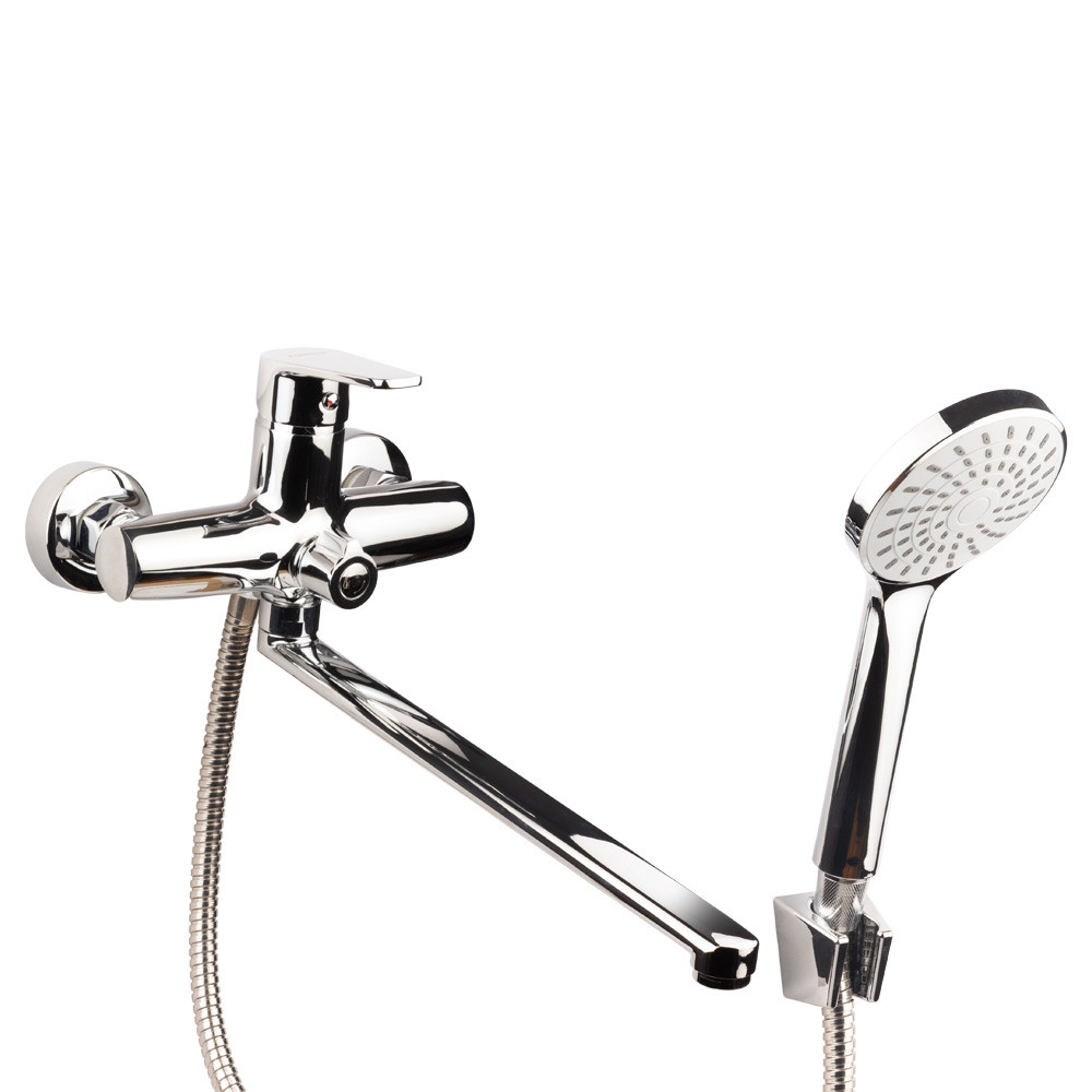 Змішувач для ванни з душем (вилив прямий 350 мм, шланг, лійка, кронштейн) ТМ AQUATICA, фото 1