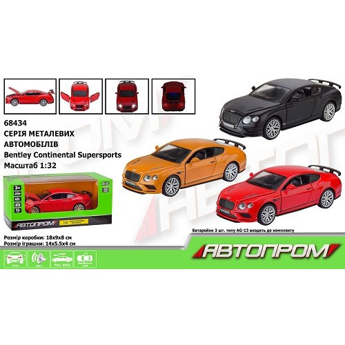 АВТОПРОМ Машина метал 68434 1:32 Bentley Continental GT Supersports світ.відч.двері к.18х9х8см