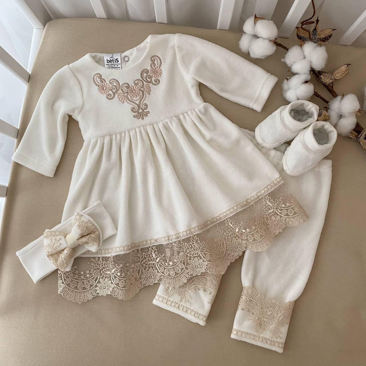 Костюм для хрещення "Світлинка" велюр зріст 50 см (0 – 1 місяць) Betis Молочний з кавовим, фото 1