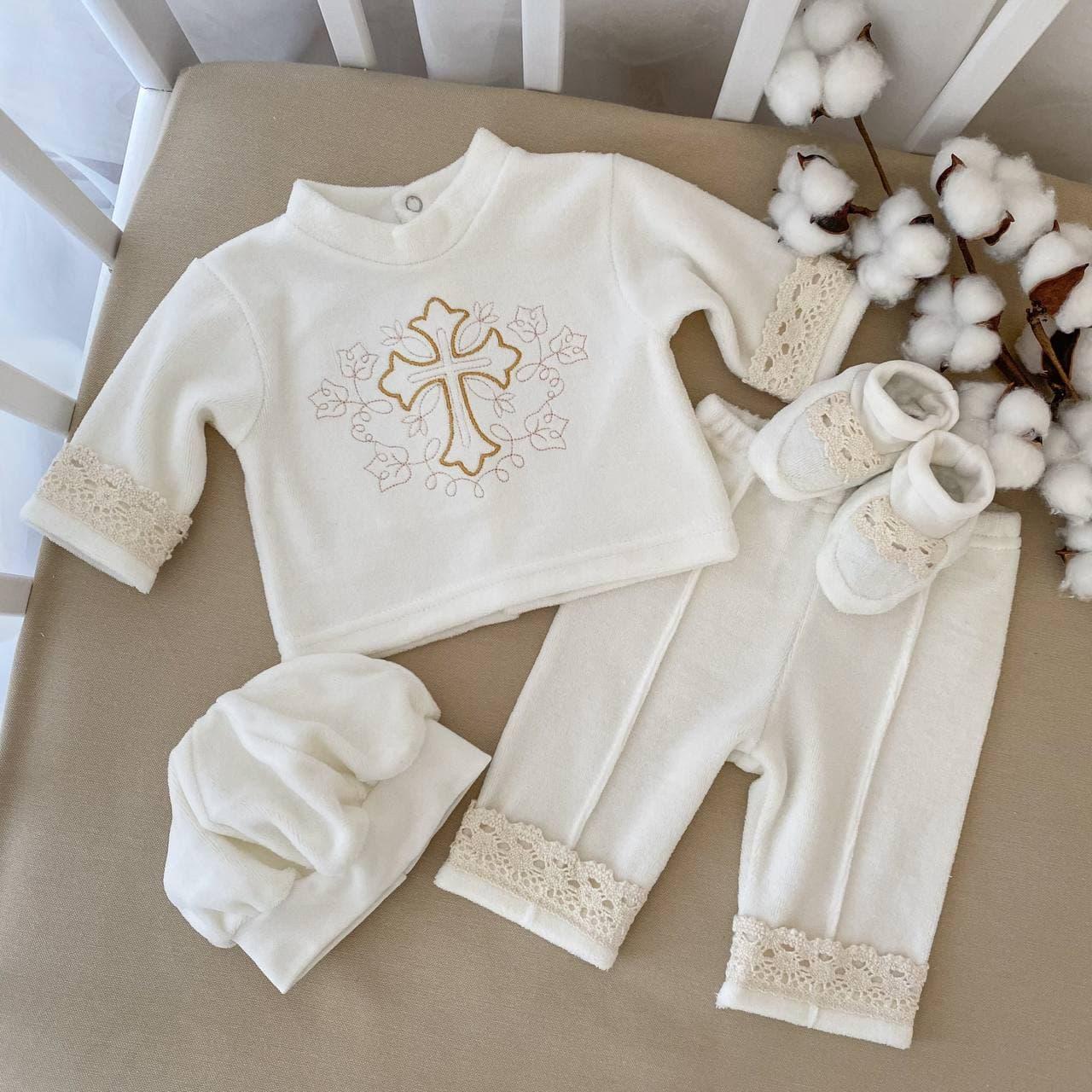 Костюм для хрещення "Чарівний янгол" довгий рукав велюр зріст 62 см (1 – 3 місяці) Betis Молочний із золотим, фото 1