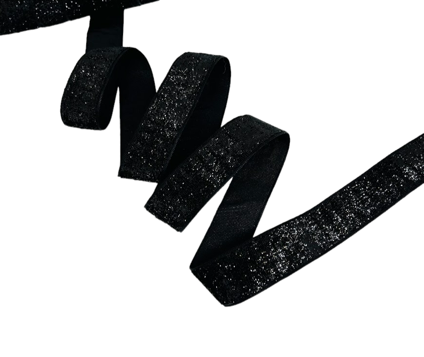 Стрічка велюрова 2,5 см з люрекс ниткою, чорний, 06326, 1 метр, Чорний, фото 1