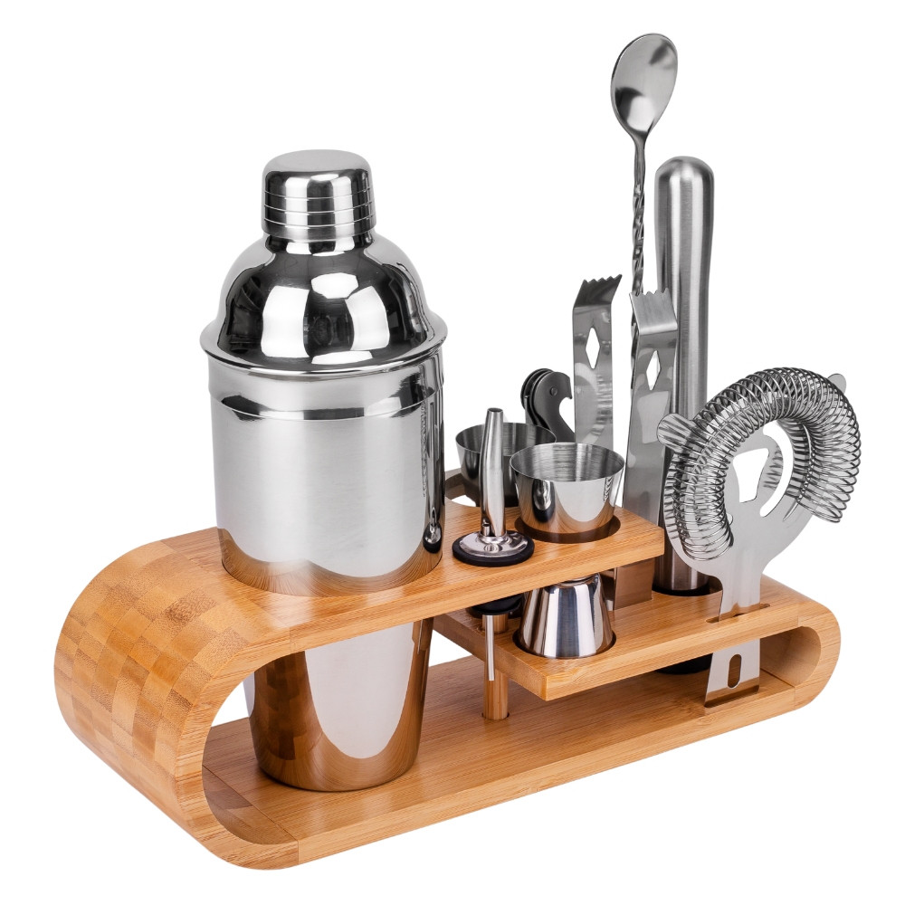 Барний подарунковий набір для приготування коктейлів "Смак життя" з 10 аксесуарів на бамбуковій підставці, фото 1