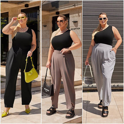 Зручні жіночі штани з якісної та приємної тканини костюмка на поясі резинка розміри великі, фото 1