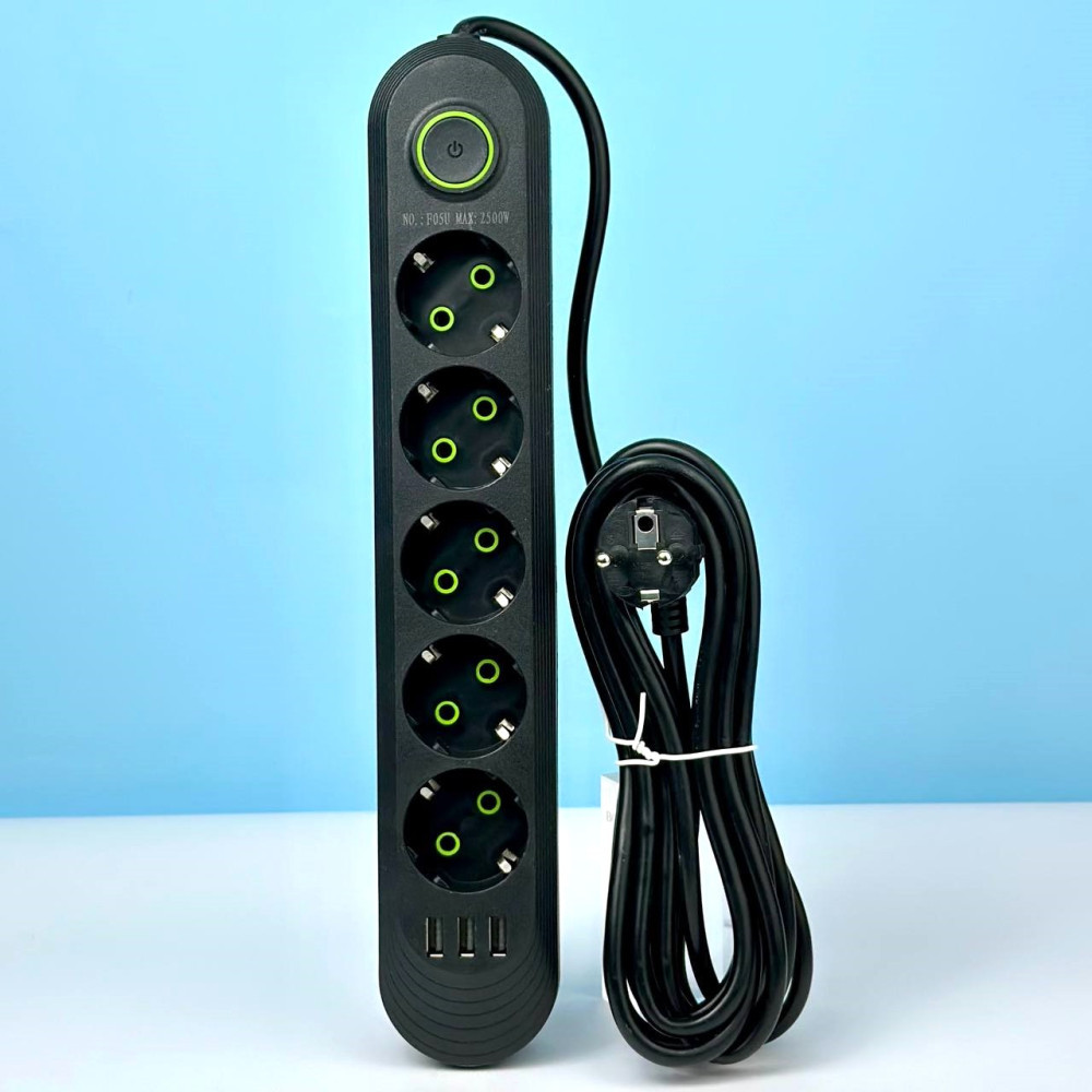 Подовжувач мережевий переноска 6м на 5 розеток + 3USB UA Power F05U Чорний 48066