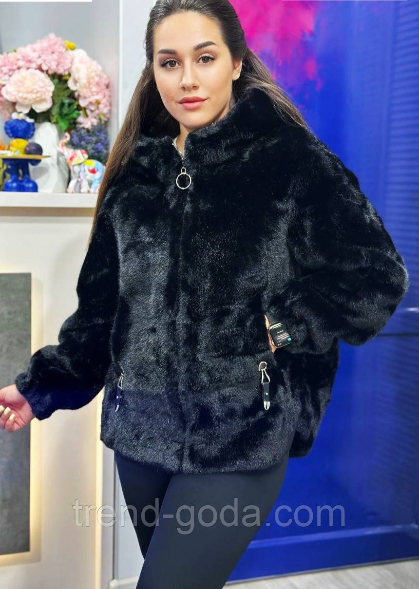 Шуба жіноча чорна коротка з штучного хутра під норку з капюшоном Куртка коротка шубка автоледі жіноча