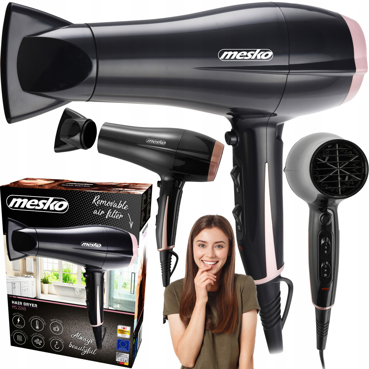 Фен Mesko MS 2249 — 2300 Вт, 3 температури, 2 швидкості, холодне повітря, концентратор