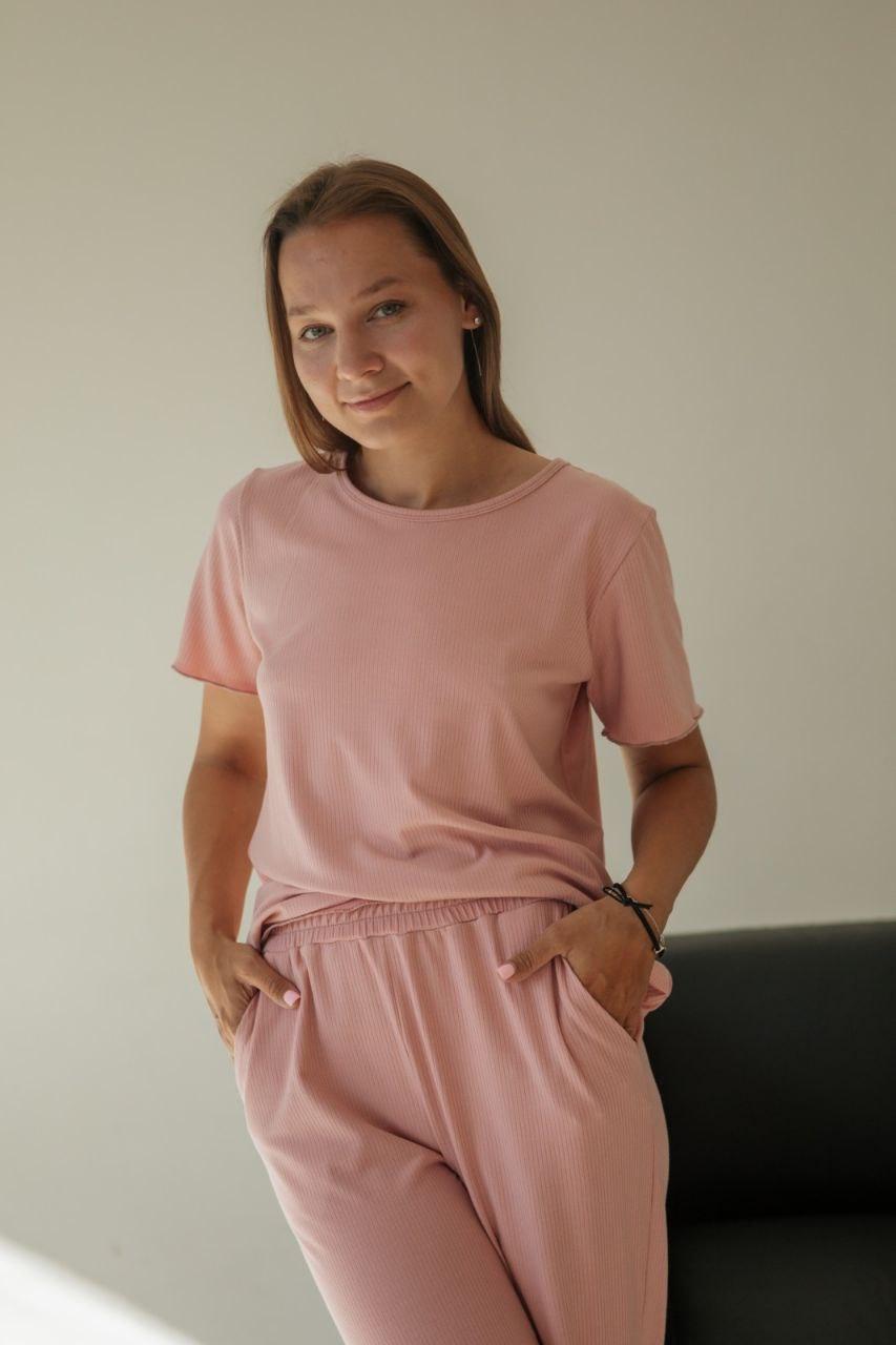 Піжама жіноча РУБЧИК натуральна бавовна ШТАНЦІ+ФУТБОЛКА DC ПУДРА, фото 1