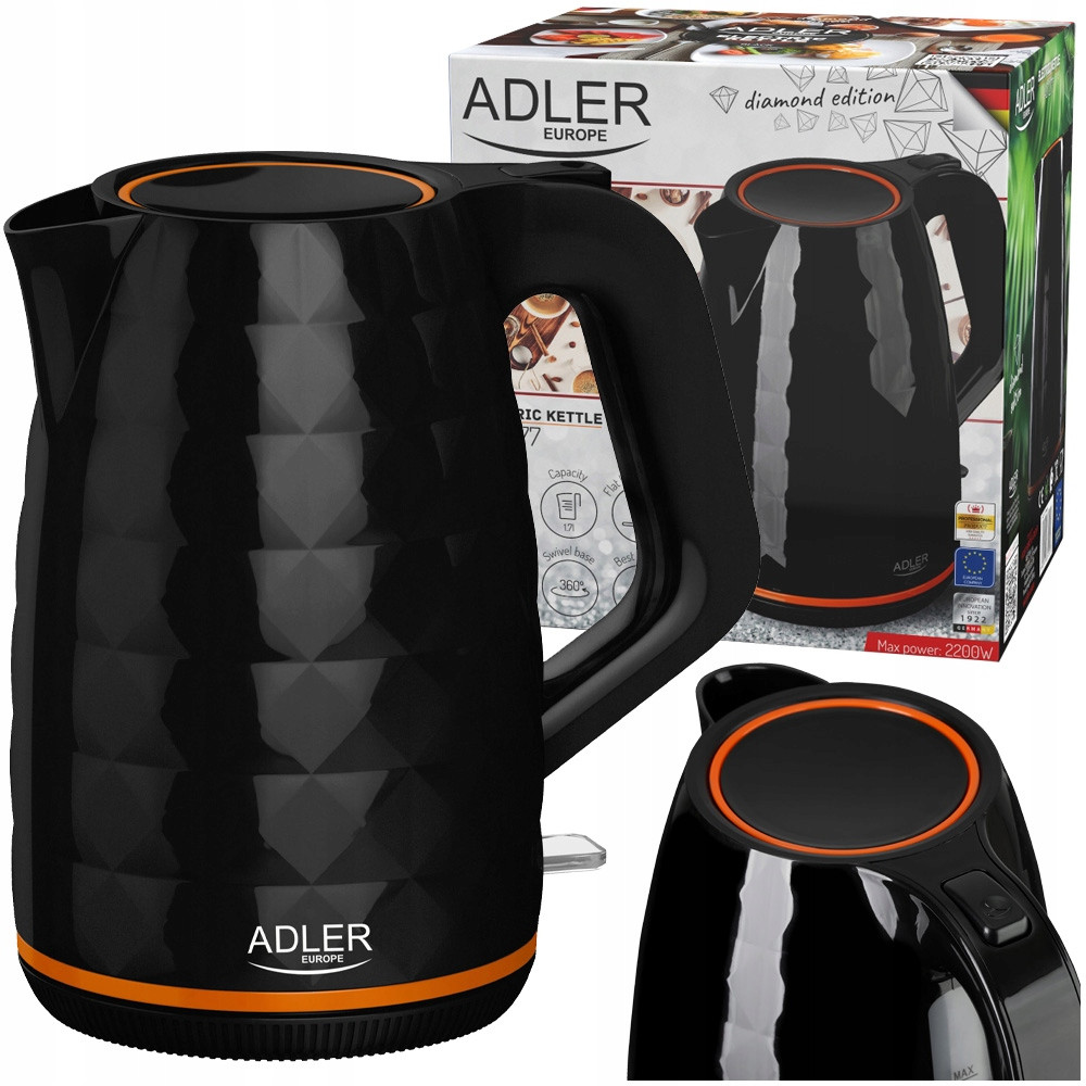 Электрочайник Adler AD 1277 Black — 1,7 л, 2200 Вт, скрытый нагревательный элемент, подсветка