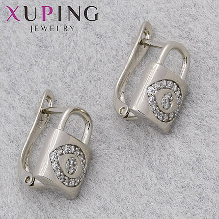 Серьги женские позолота фирма Xuping Jewelry родий английская застёжка замочек с белыми камнями размер 12х9 мм, фото 1