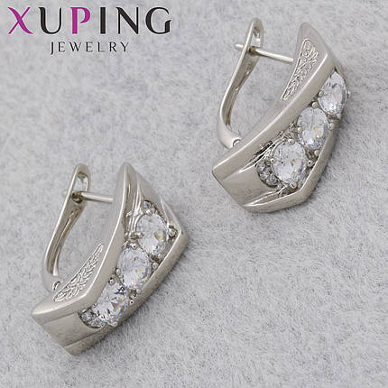 Серьги женские позолота фирма Xuping Jewelry родий английская застёжка с белыми кристаллами размер 20х8 мм, фото 1