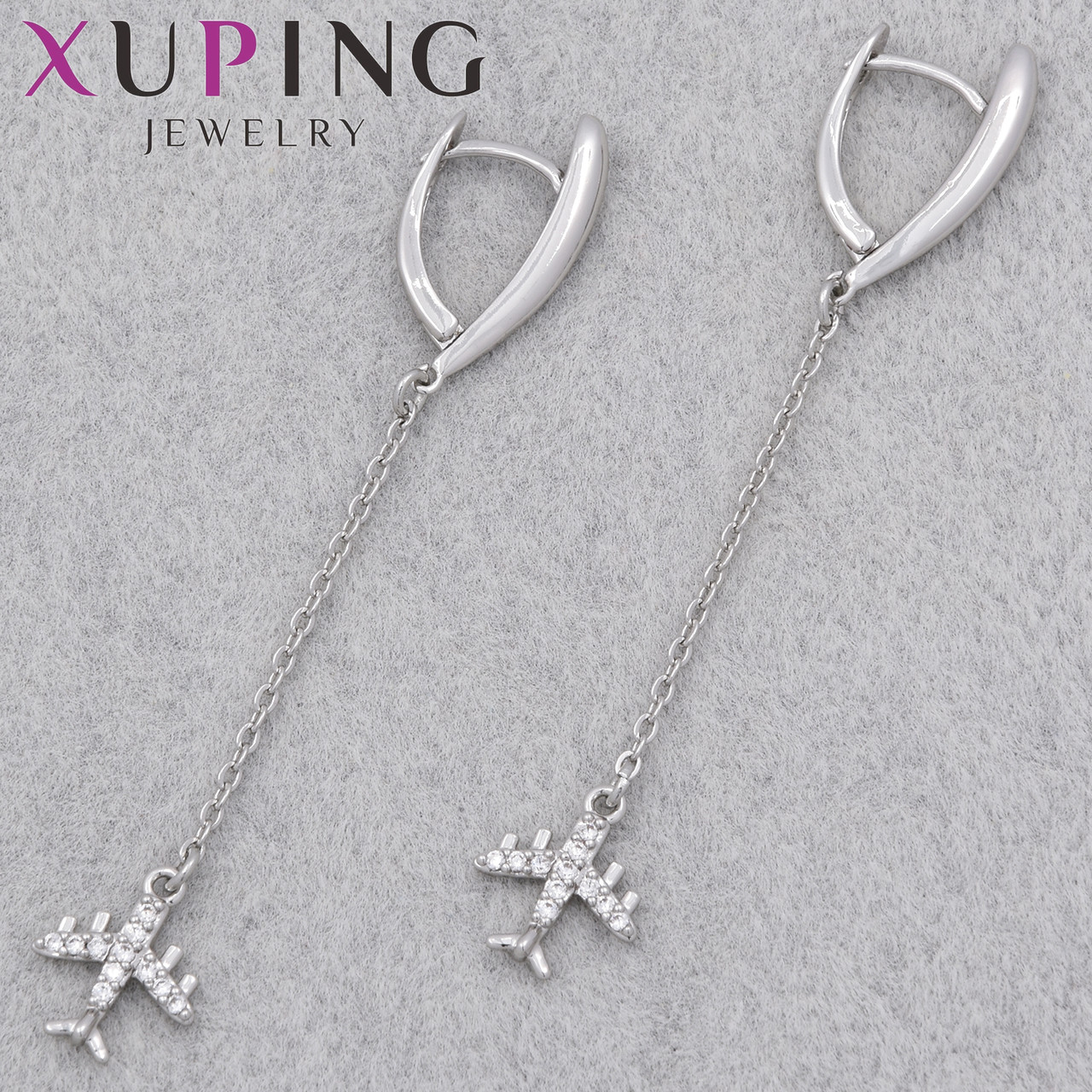 Серьги женские позолота фирма Xuping Jewelry родий английская застёжка самолет с камушками размер 65х10 мм