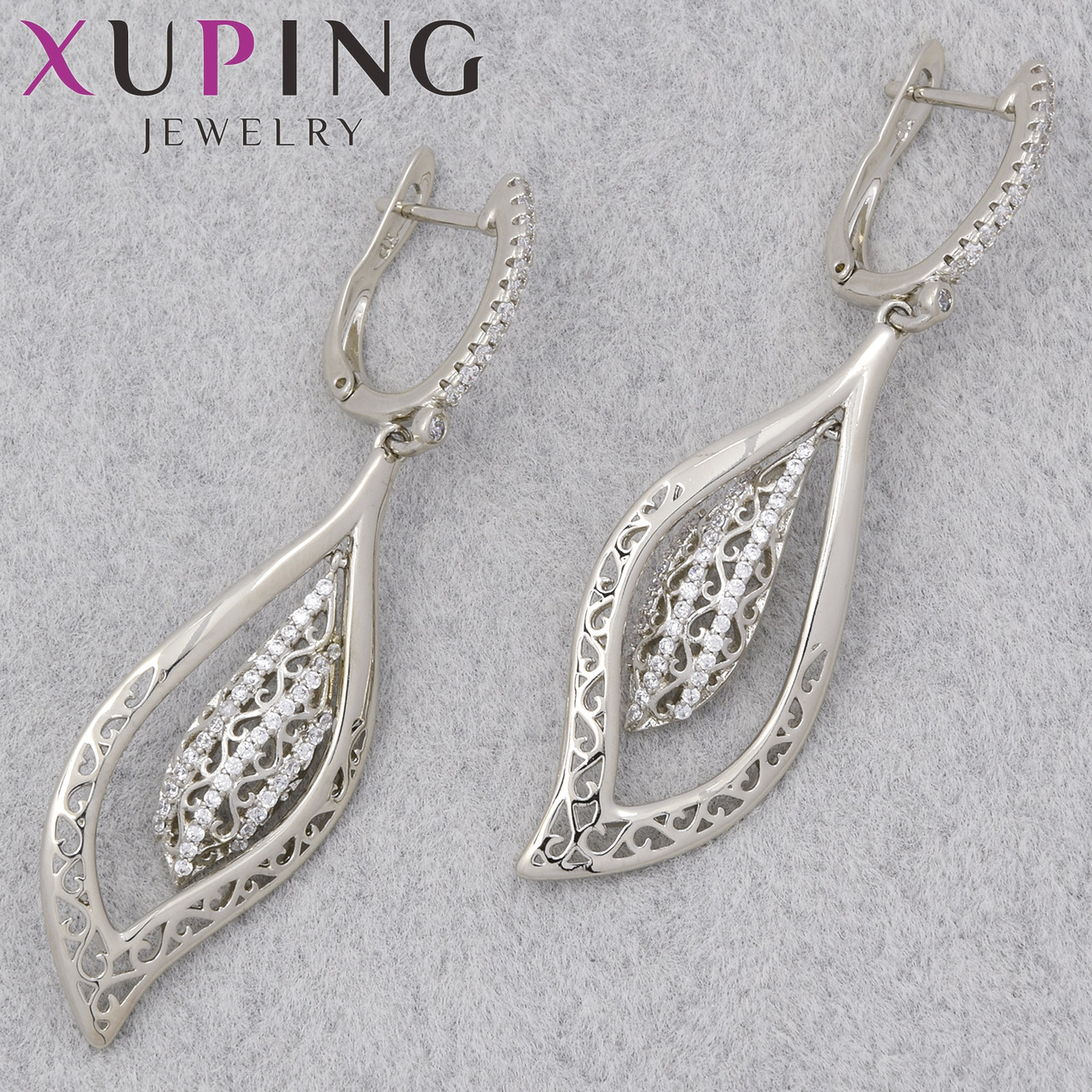 Серьги женские позолота фирма Xuping Jewelry родий английская застёжка листочки с стразами размер 55х13 мм