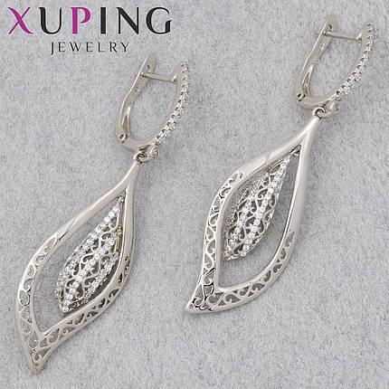 Серьги женские позолота фирма Xuping Jewelry родий английская застёжка листочки с стразами размер 55х13 мм, фото 1
