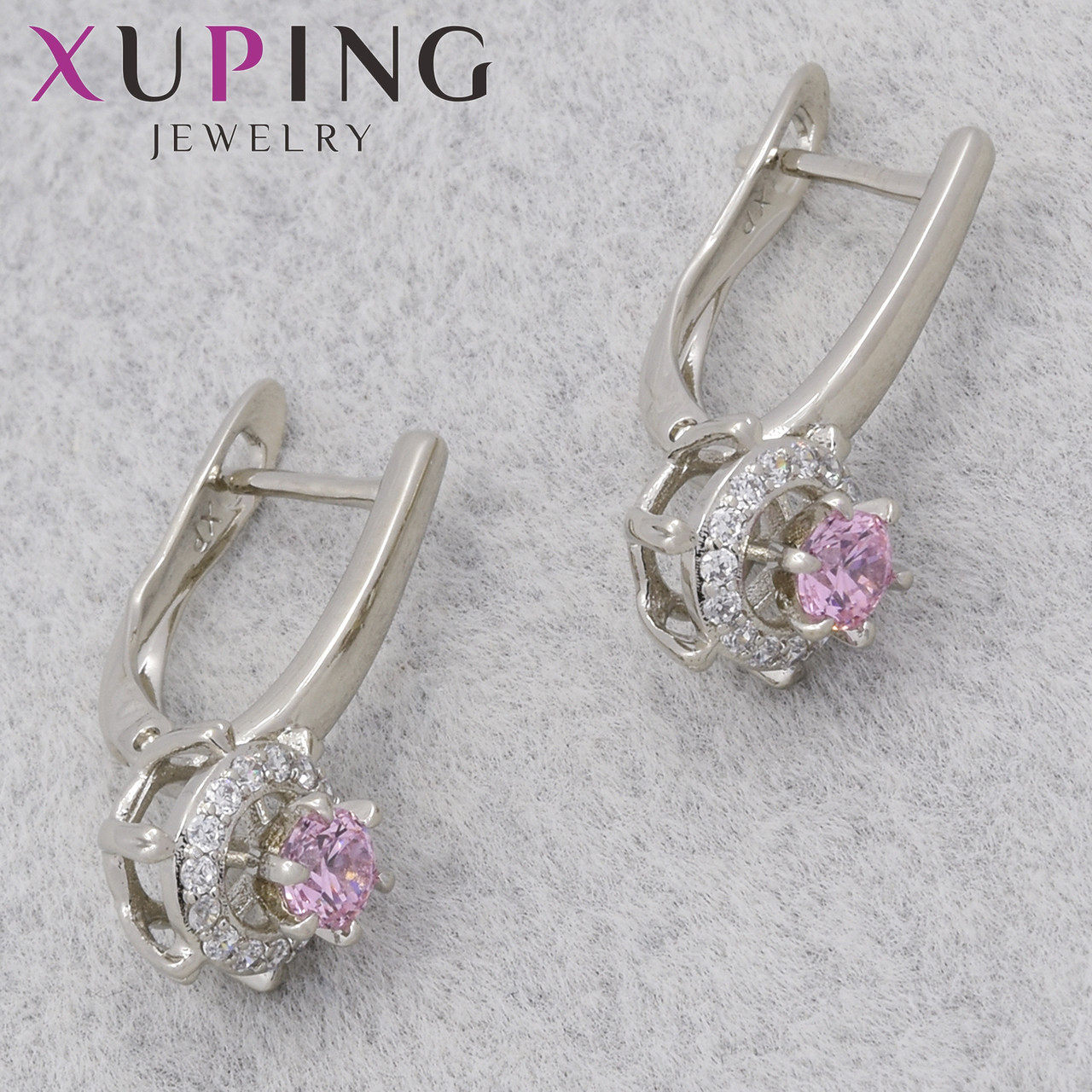 Серьги женские позолота фирма Xuping Jewelry родий английская застёжка с розовым цирконом размер 20х8 мм
