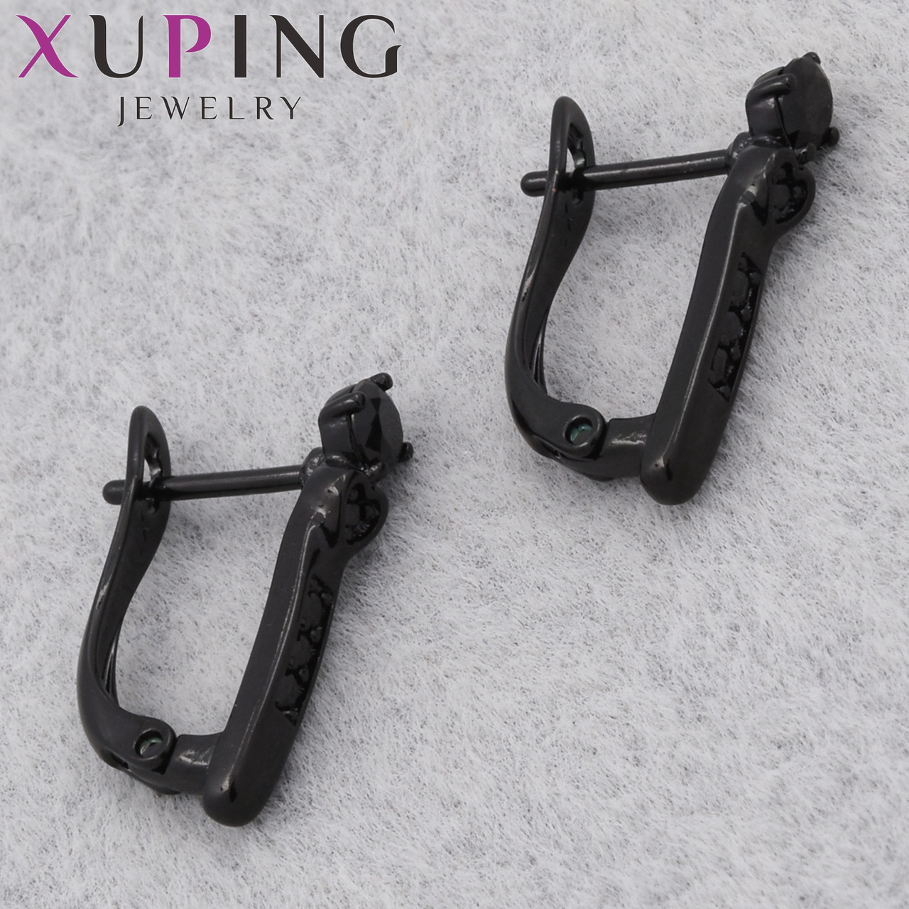 Серьги женские позолота фирма Xuping Jewelry родий английская застёжка с черными стразами размер 18х3 мм