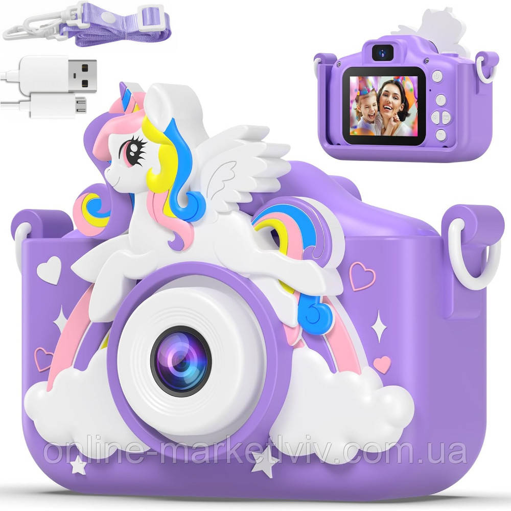 Дитячий цифровий фотоапарат + чохол Єдиноріг, 5Мп, 1280х720HD, X2A, Фіолетовий / Фотокамера для дітей, фото 1