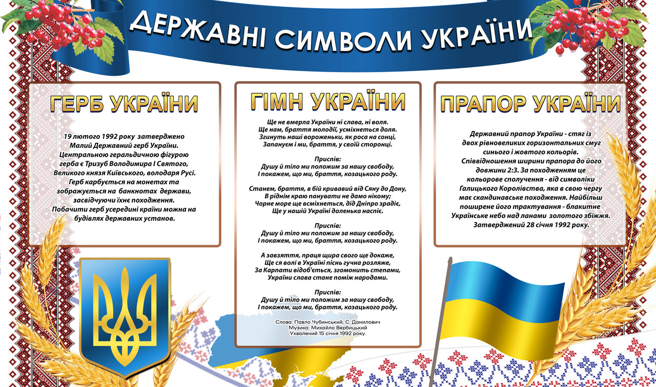 Інформаційний стенд "Державні символи України", 69 х 102 см ПВХ 3 мм