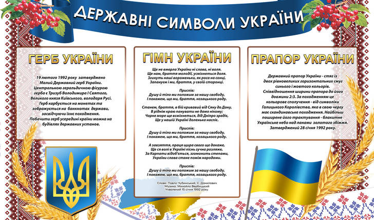Інформаційний стенд "Державні символи України", 69 х 102 см ПВХ 3 мм, фото 1