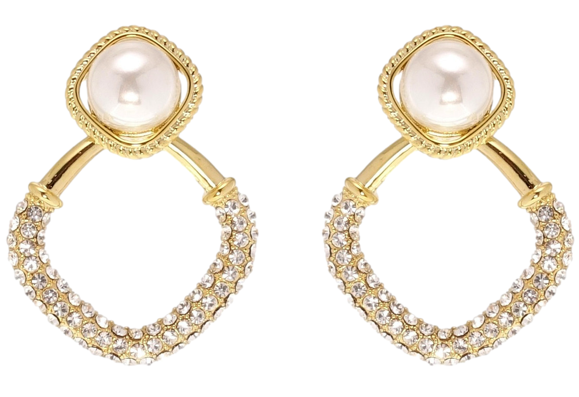 Сережки Xuping QQMM Позолота 14K пусети "Витончені ромби з перлами та цирконієм"