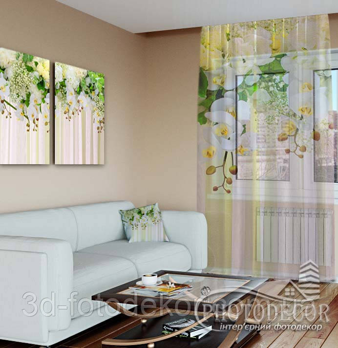 3D - Фото Тюль "Ламбрекени з білих орхідей", 2,36м, ширина - 1,20м