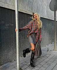 Стильна жіноча батальна фланелева сорочка оверсайз у карту на ґудзиках Розміри 42-58