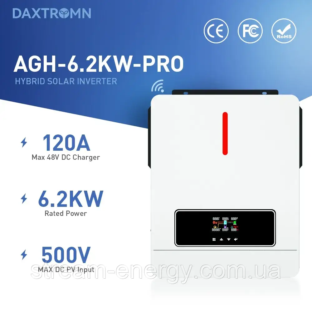 Сонячний інвертор 6,2 кВт Daxtromn AGH-6.2KW 48V, струм заряду 100А, MPPT для дому, для квартири, для LiFePO4, фото 1