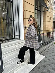 Стильна жіноча батальна фланелева сорочка оверсайз у карту на ґудзиках Розміри 42-58