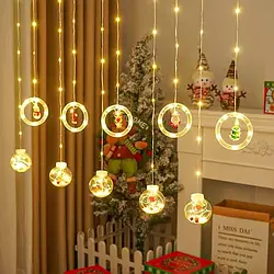 Гірлянда штора 3 м із теплим жовтим світінням "Круги та кулі" ялинка, сніговик, дід мороз, олень, шапка SF-3 Warm