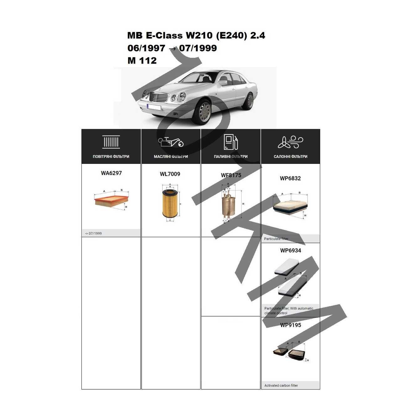 Комплект фільтрів MB E-Class (W210) E240 2.4 (1997-1999) (M112) WIX