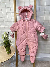 Зимовий дитячий теплий комбінезон з пінетками та рукавичками для новонароджених розміри 74 80 від півроку до півтора року, фото 4