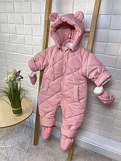 Зимовий дитячий теплий комбінезон з пінетками та рукавичками для новонароджених розміри 74 80 від півроку до півтора року, фото 5