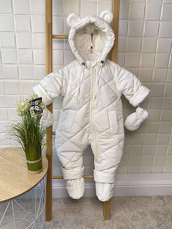Зимовий дитячий теплий комбінезон з пінетками та рукавичками для новонароджених розміри 74 80 від півроку до півтора року, фото 1