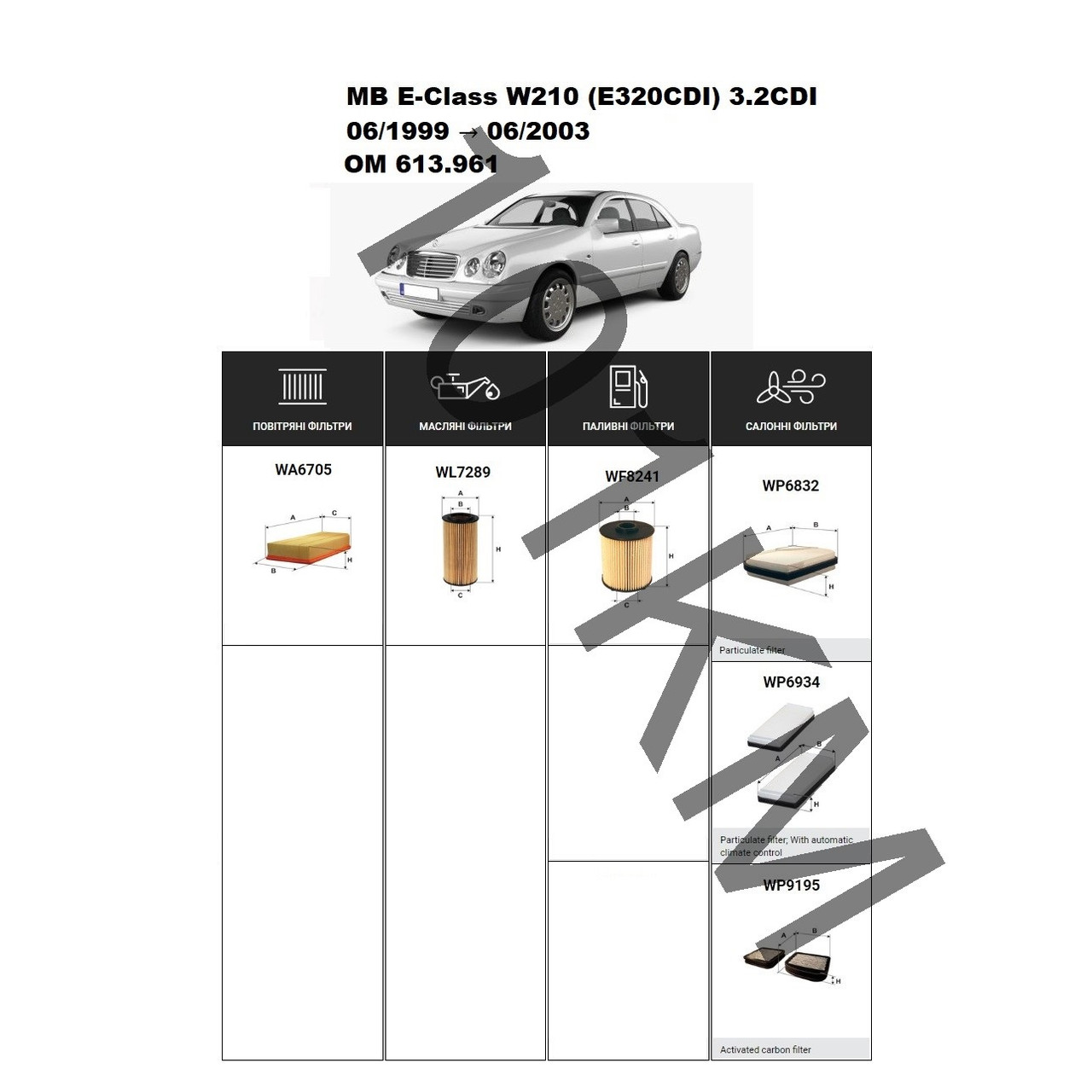 Комплект фільтрів MB E-Class (W210) E320CDI 3.2CDI (1999-2003) (OM613.961) WIX