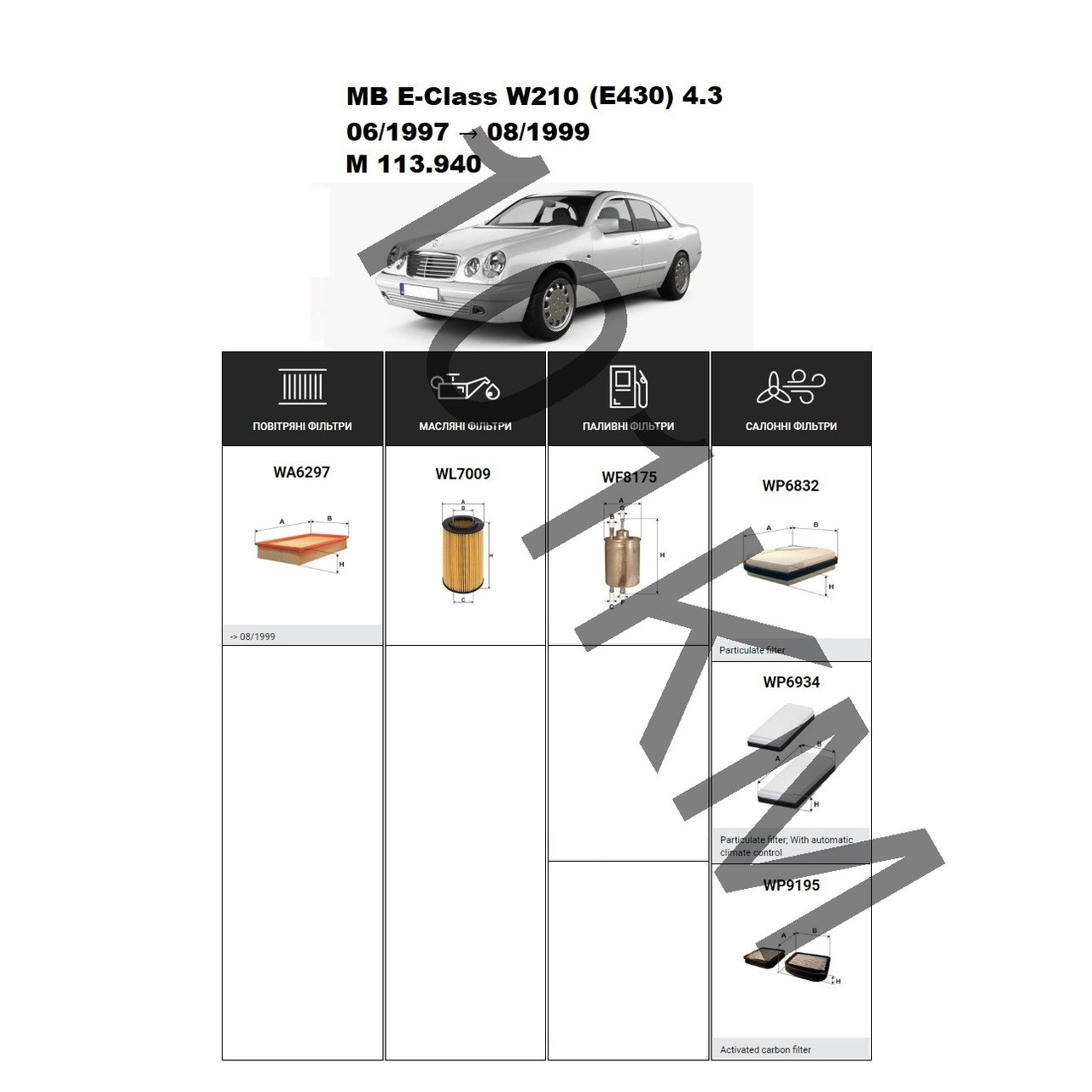Комплект фільтрів MB E-Class (W210) E430 4.3 (1997-1999) (M113.940) WIX
