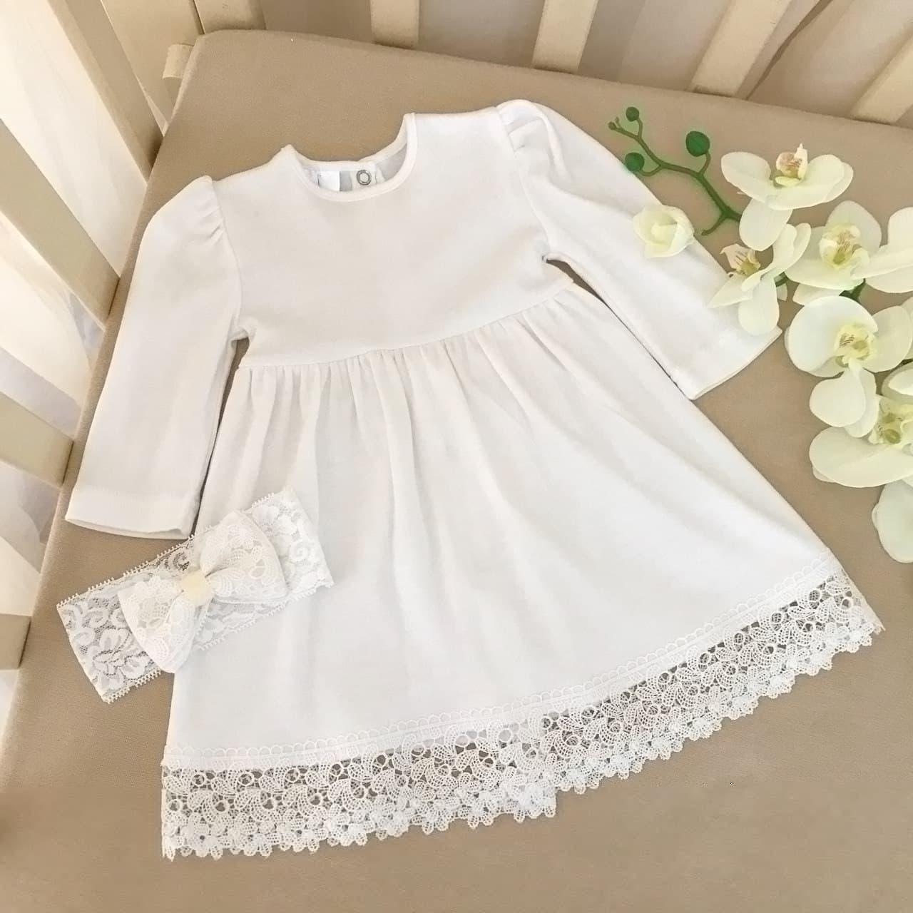 Плаття для хрещення "Ажурні квіти" з пов'язкою інтерлок зріст 56 см (0 – 1 місяць) Betis Молочний, фото 1