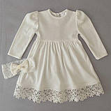 Плаття для хрещення "Ажурні квіти" з пов'язкою інтерлок зріст 74 см (6 – 9 місяців) Betis Молочний, фото 2