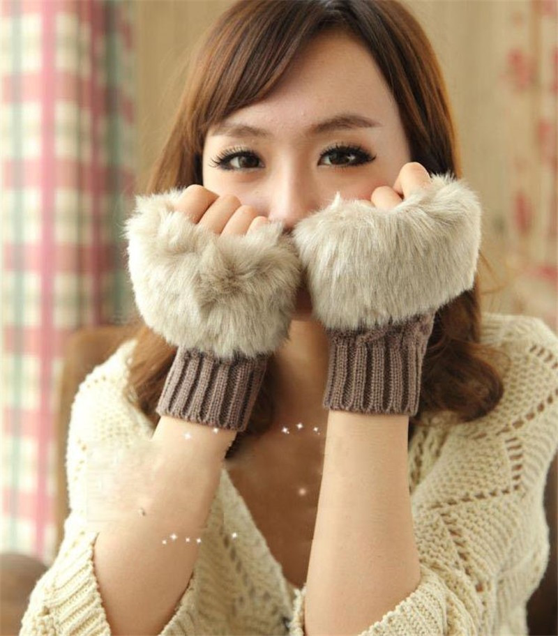 Жіночі в'язані рукавички без пальців із хутром, рукавиці, мітенки , фото 1