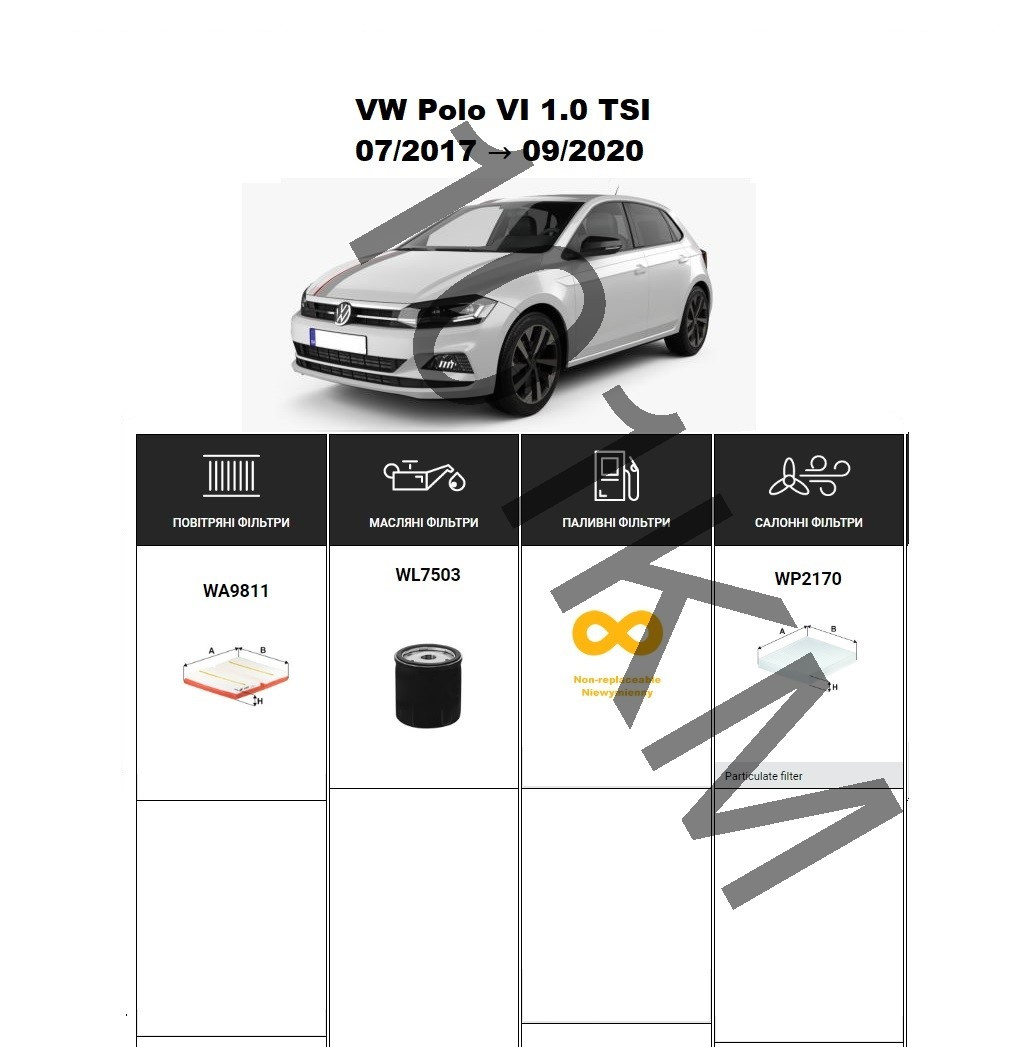 Комплект фільтрів VW Polo VI 1.0 TSI (2017-2020) WIX